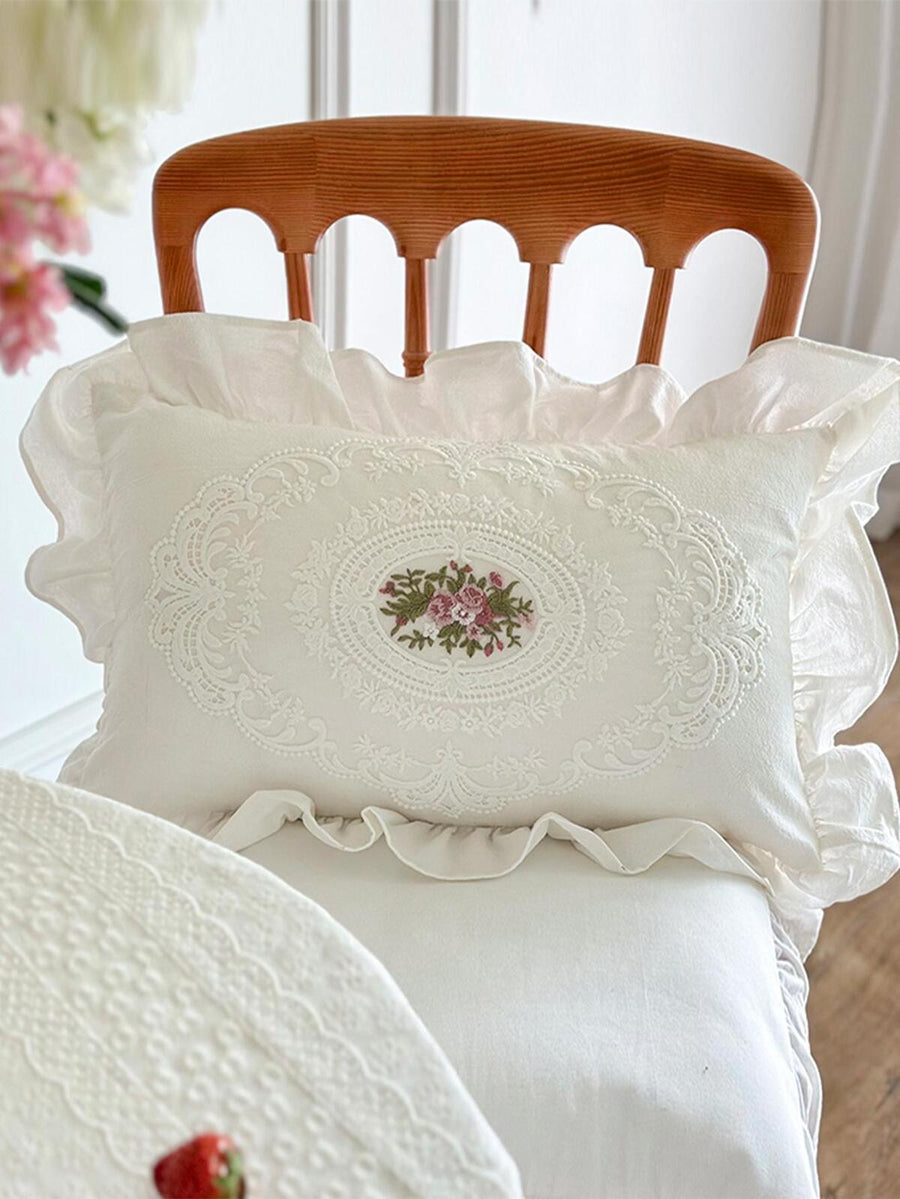 1pc Floral Embroidered Ruffle Trim Cushion Cover Without Filler, Modern Embroidered Design Decorative Cushion Cover For Bed, Sofa