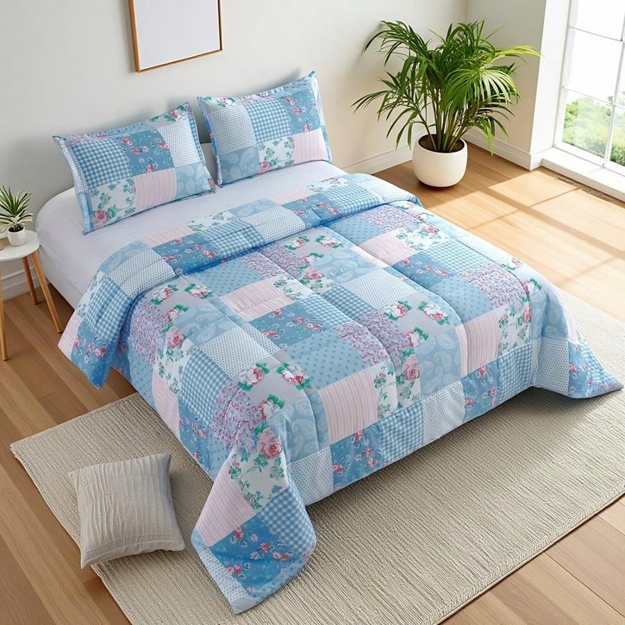 2/3pcs Luxury Comforter Set, Blue Checkered Floral Design, Lightweight Quilt Set For All Seasons, Super Soft Bedding Set For Deep Sleep, Includes 1 Comforter And 1 Or 2 Pillowcases, Bed In A Bag, Machine Washable, Perfect Gift For Family And Friends
